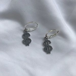 Silver Money Dollar Sign Earrings